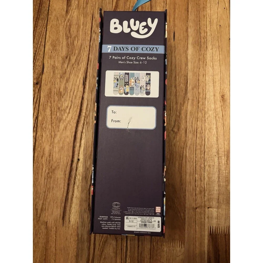 NIB Bluey 7 Days of Cozy Crew Socks Men's Shoe Size 6-12 7 Pr Gift